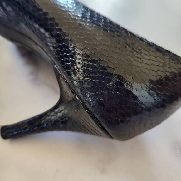 Fioni size 8.5 croc reptilian glossy open peep toe high heels jet black - Picture 2 of 7